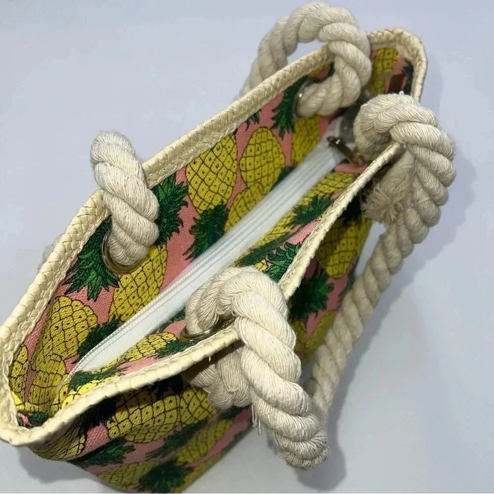 Girls‎ PINEAPPLE Mini Tote Bag Zip Closure Rope Handles Canvas Lined Beach NEW!